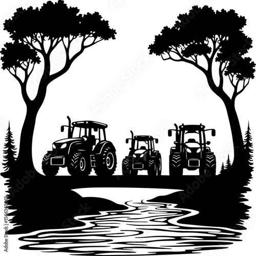 Tractor Convoy Silhouette with Forest Background vector bundle