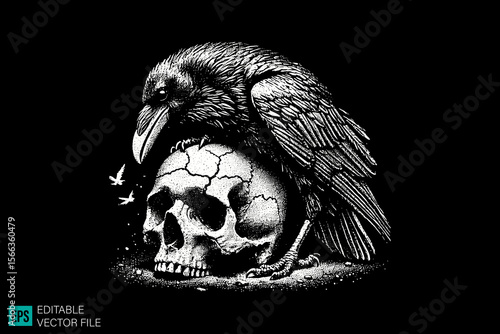 raven and skull tattoo designs dark art scary creepy style tattoo illustration vector black and white background templates