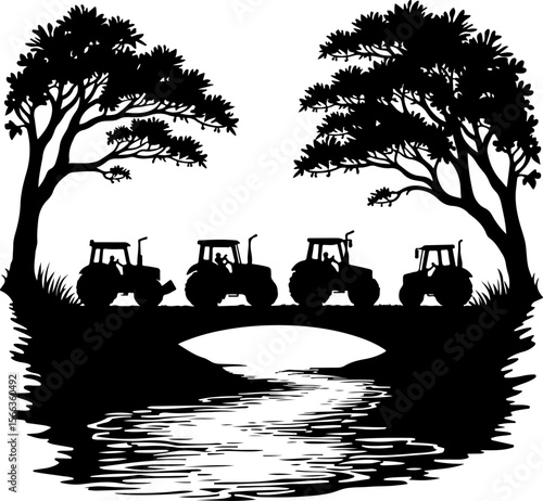Tractor Convoy Silhouette with Forest Background vector bundle