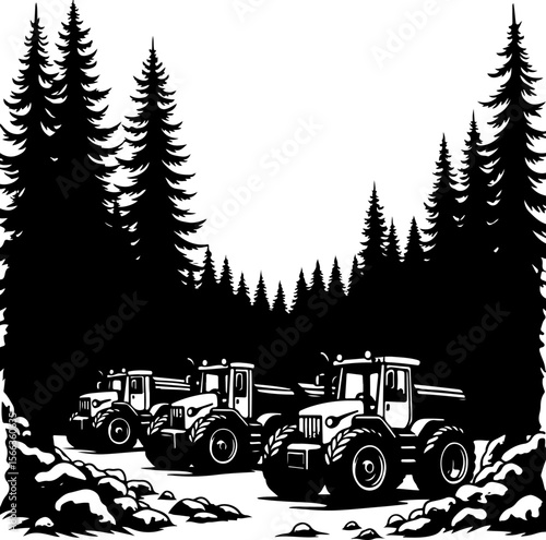 Tractor Convoy Silhouette with Forest Background vector bundle