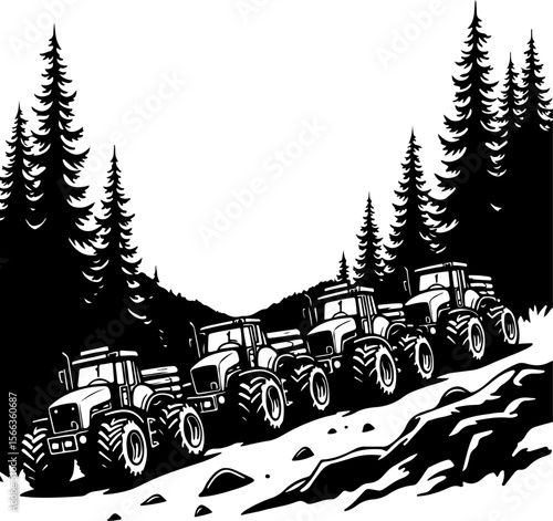 Tractor Convoy Silhouette with Forest Background vector bundle