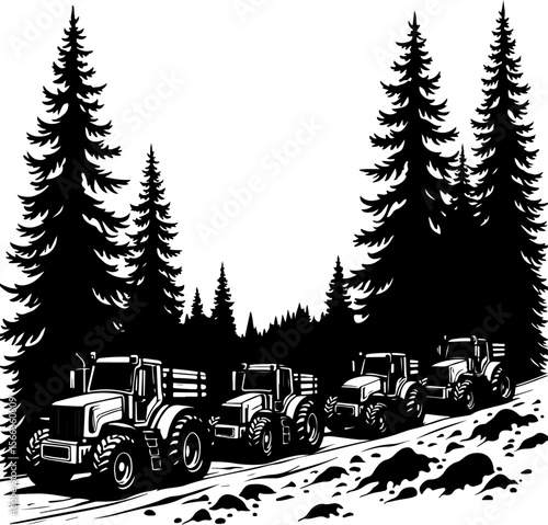 Tractor Convoy Silhouette with Forest Background vector bundle