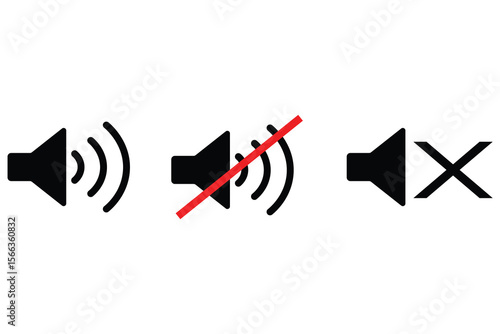 Set of speaker volume icons: sound on, mute, and silent mode symbols isolated on white background
