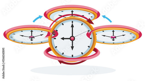 Animated illustration showing multiple clocks with rotating arrows around the central clock face