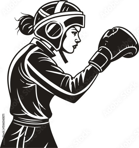 female boxer with headgear black silhouette