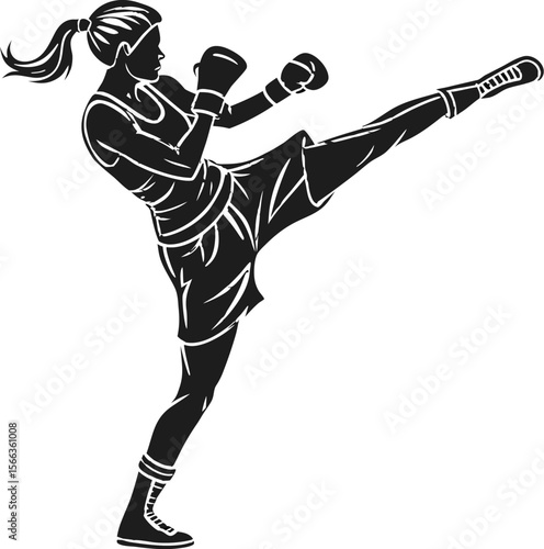 female kickboxer in fight stance black silhouette