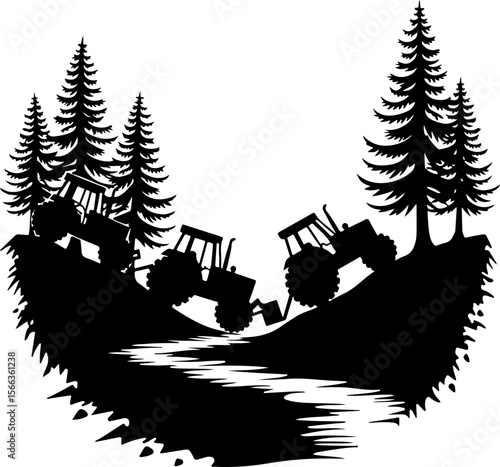 Tractor Convoy Silhouette with Forest Background vector bundle
