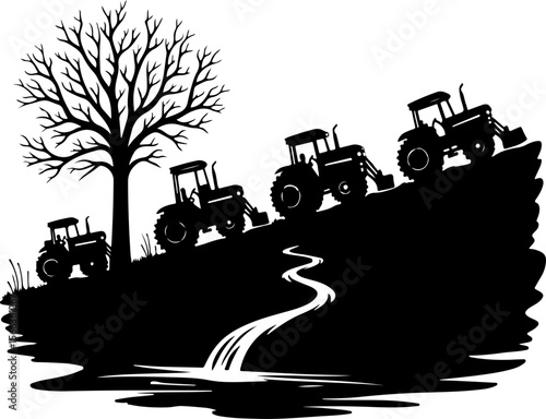 Tractor Convoy Silhouette with Forest Background vector bundle