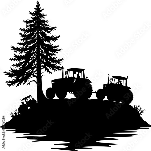 Tractor Convoy Silhouette with Forest Background vector bundle