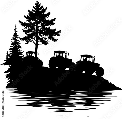 Tractor Convoy Silhouette with Forest Background vector bundle
