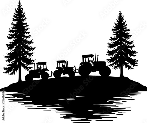 Tractor Convoy Silhouette with Forest Background