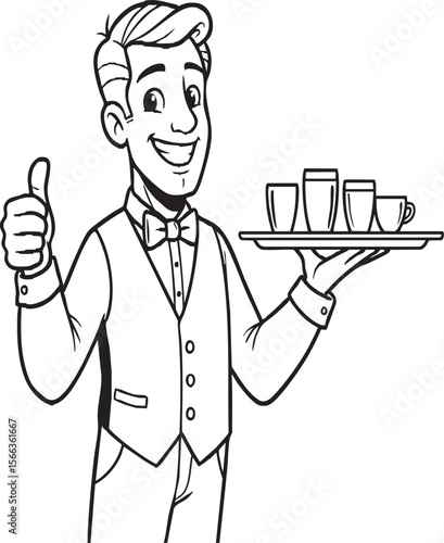 Smiling Cartoon Waiter Holding Tray Line Art – Restaurant Staff Character Illustration, Hospitality Theme, Coloring Page, Service Icon for Kids & Design

