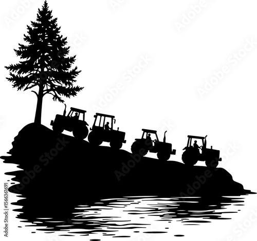 Tractor Convoy Silhouette with Forest Background