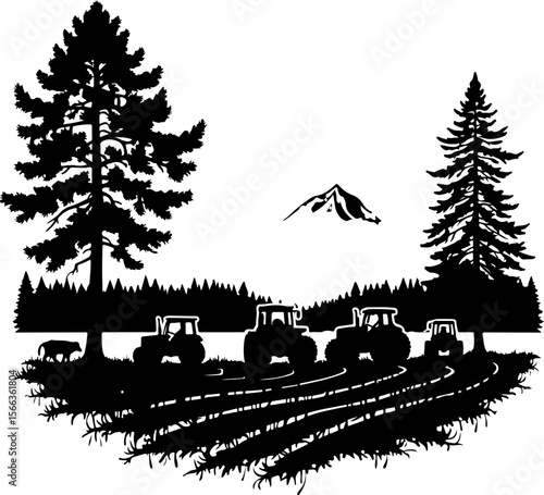 Tractor Convoy Silhouette with Forest Background
