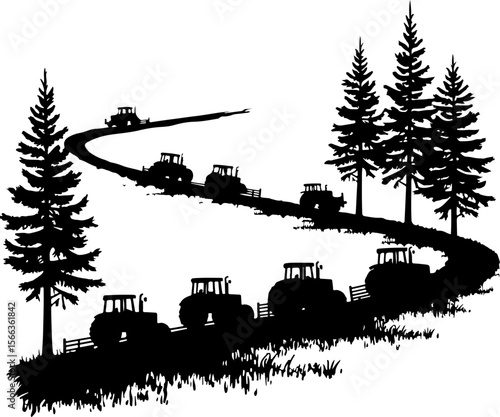 Tractor Convoy Silhouette with Forest Background