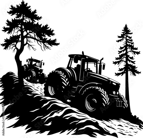 Tractor Convoy Silhouette with Forest Background