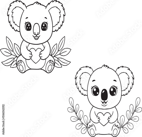 Cute Koala Holding Heart Line Art – Adorable Baby Animal Coloring Page for Kids, Wildlife Illustration, Jungle Friend, Nature Theme Art Print


