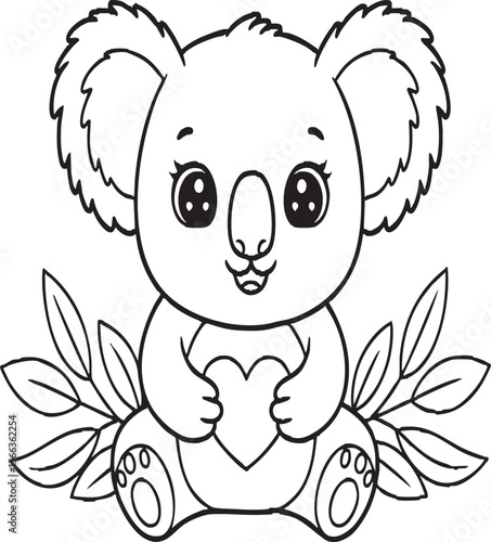 Cute Koala Holding Heart Line Art – Adorable Baby Animal Coloring Page for Kids, Wildlife Illustration, Jungle Friend, Nature Theme Art Print

