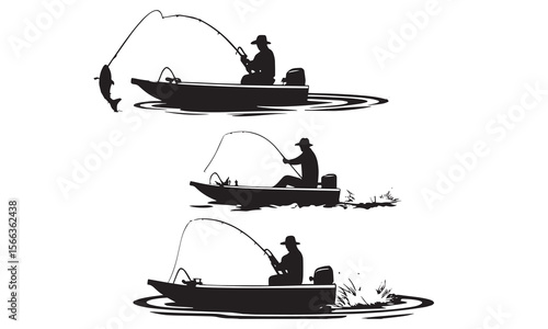 Traditional Fishing Boat Silhouettes Fishermen with Catch Vector