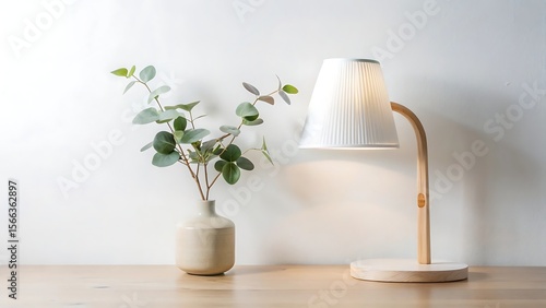 Wallpaper Mural Modern minimalist home office desk: wooden lamp, eucalyptus plant, neutral tones, calming ambiance, clean design. Torontodigital.ca