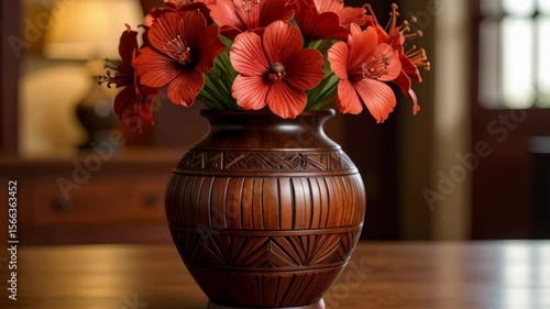 Wallpaper Mural Vibrant red hibiscus flowers arranged in a carved wooden vase on a table, classic interior style with warm lighting Torontodigital.ca