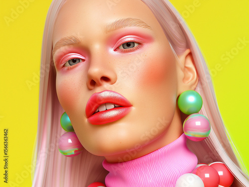 Portrait of a blonde woman with pink makeup and glossy lips wearing oversized pearl earrings against a yellow background. Bold pop art fashion aesthetic.