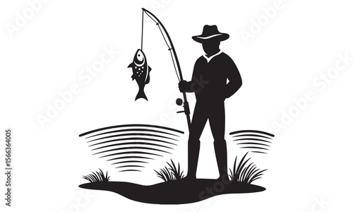 Fishing Silhouette with Rod and Fish