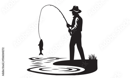Fishing Silhouette with Rod and Fish