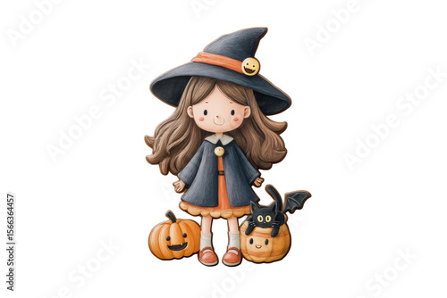 PNG Cute young caucasian girl witch with pumpkins and cat for halloween