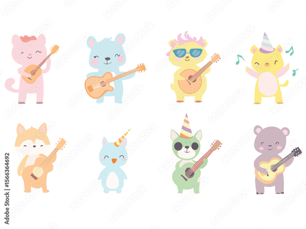 Cute Cartoon Animals Playing Guitars and Celebrating Perfect for Children s Illustrations and Designs