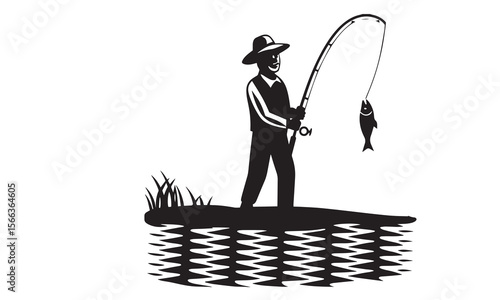 Fishing Silhouette with Rod and Fish