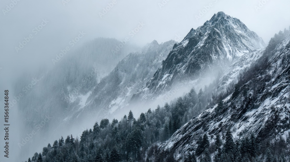 Obraz premium Misty mountain peaks and snow covered forest winter landscape