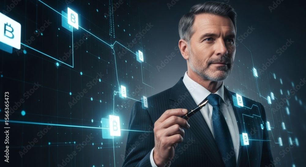 Confident Businessman Interacting with Futuristic Digital Interface Confident Businessman Interacting with Futuristic Digital Interface