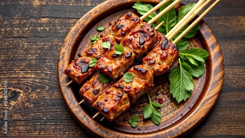 Delicious grilled meat skewers garnished with fresh herbs served on a rustic wooden plate, perfect for food lovers and culinary enthusiasts