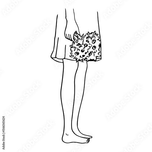 female bare feet in profile standing, woman standing with bouquet in hand - hand drawn sketch line art illustration