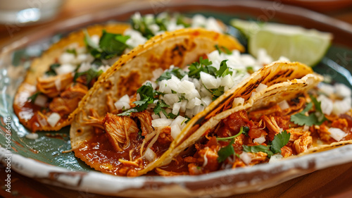 Authentic chicken tinga tacos: shredded chicken in smoky sauce, topped with diced onion, cilantro, and lime.