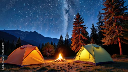 Vibrant Tents Under Starry Night Sky in Majestic Mountains with Glowing Campfire Surrounded by Tall Pine Trees and Breathtaking Scenery