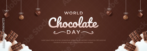World Chocolate Day Banner with Chocolate Pieces and Decorative Elements