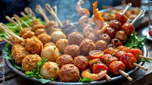 Colorful and Flavorful Platter of Grilled Skewers Featuring Meat, Seafood, Vegetables, and Savory Bites Perfect for Outdoor Barbecues or Food Events