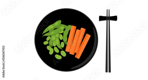 Vegetable platter with carrots and edamame on a transparent background, copy space
