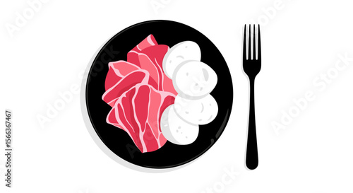Plate of sliced meat and round mozzarella cheese on a white background, protein-rich meal concept
