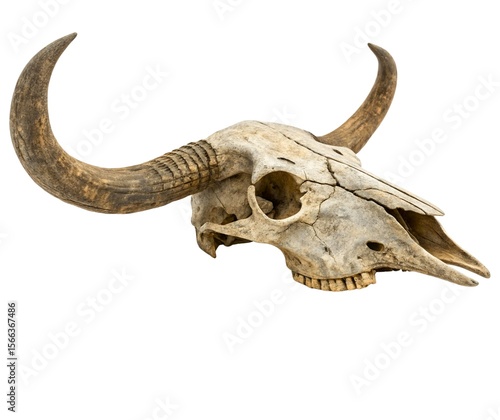 Isolated old bull skull with horns on a white background