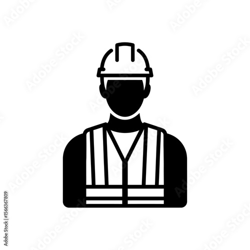 Illustration of a construction worker wearing a hard hat and safety vest in black and white design