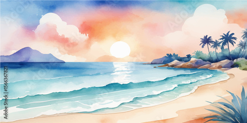 A beautiful tropical beach at sunset, with golden sand meeting the calm ocean waves under a vibrant sky, inviting peaceful travel and summer vacation