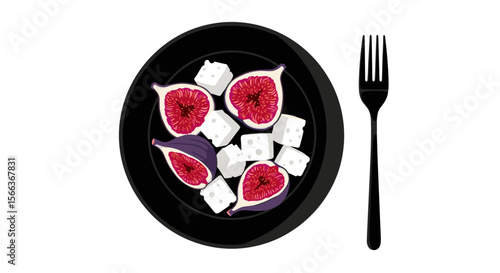 Plate of fresh figs and diced cheese on a white background, healthy gourmet snack concept