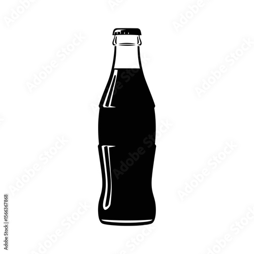 Illustration of a classic contoured bottle with a cap filled with a dark liquid on white background