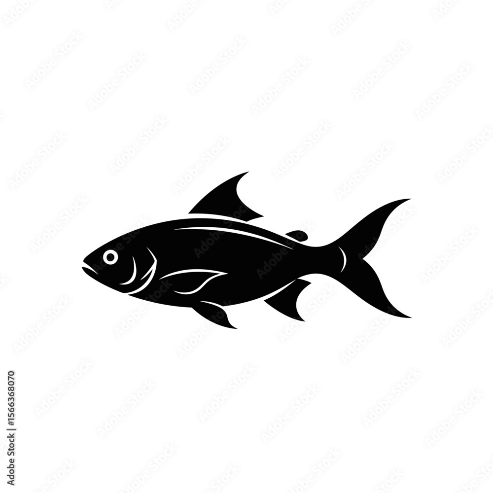 Fototapeta premium A minimalistic black and white illustration of a fish with detailed fins and a visible eye design