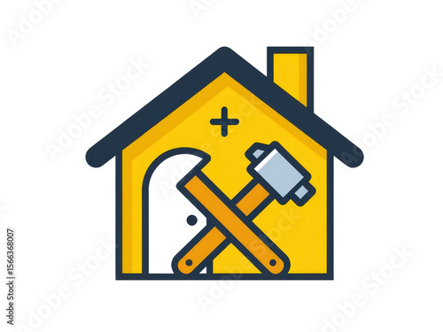 a simple flat 2d icon of a 'home renovation', with a simple house icon that has a hammer and a paintbrush crossed in front of it, minimalist design, solid yellow and gray colors, clean sharp lines