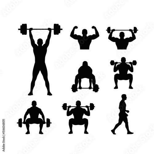 Silhouettes of weightlifters performing various exercises with barbells on a white background plain design