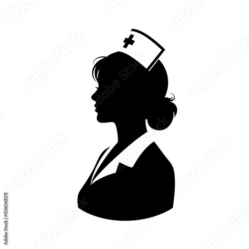 Silhouette of a nurse with a cap featuring a cross in black and white against a plain background